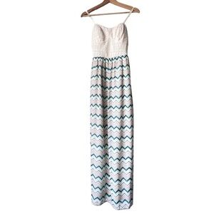 Women's maxi long print lance zigzag pattern trim lily rose sun dress cream S.